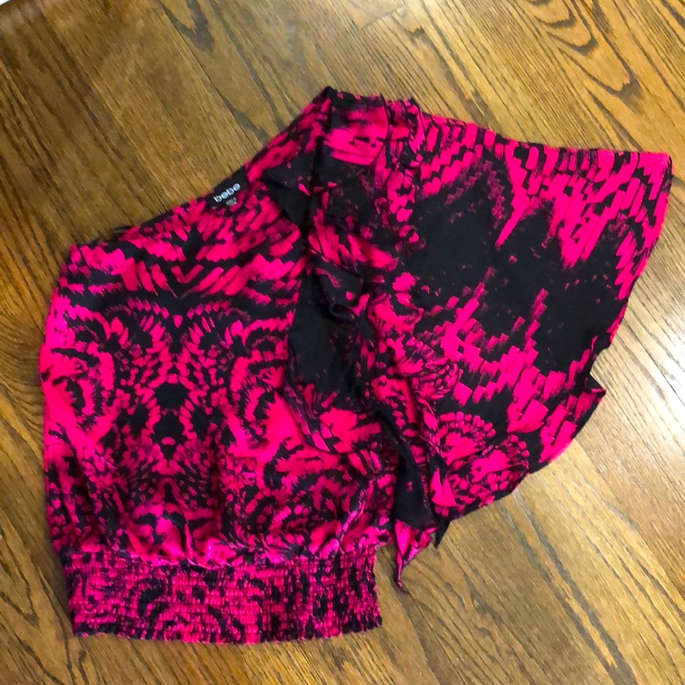 BEBE one shoulder Silk Magenta and Black Top